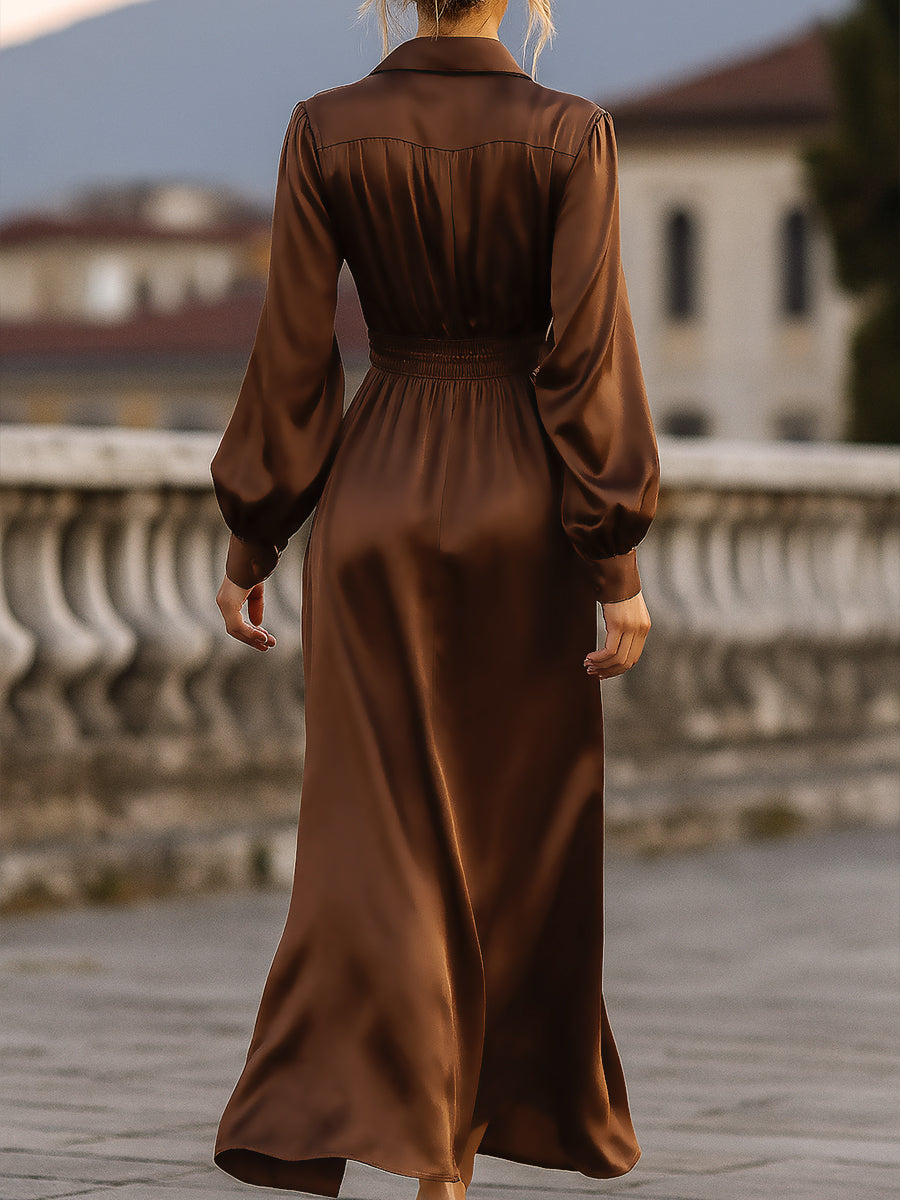 Olivia Bennet | Mocha Brown Cinched-Waist Maxi Satin Dress