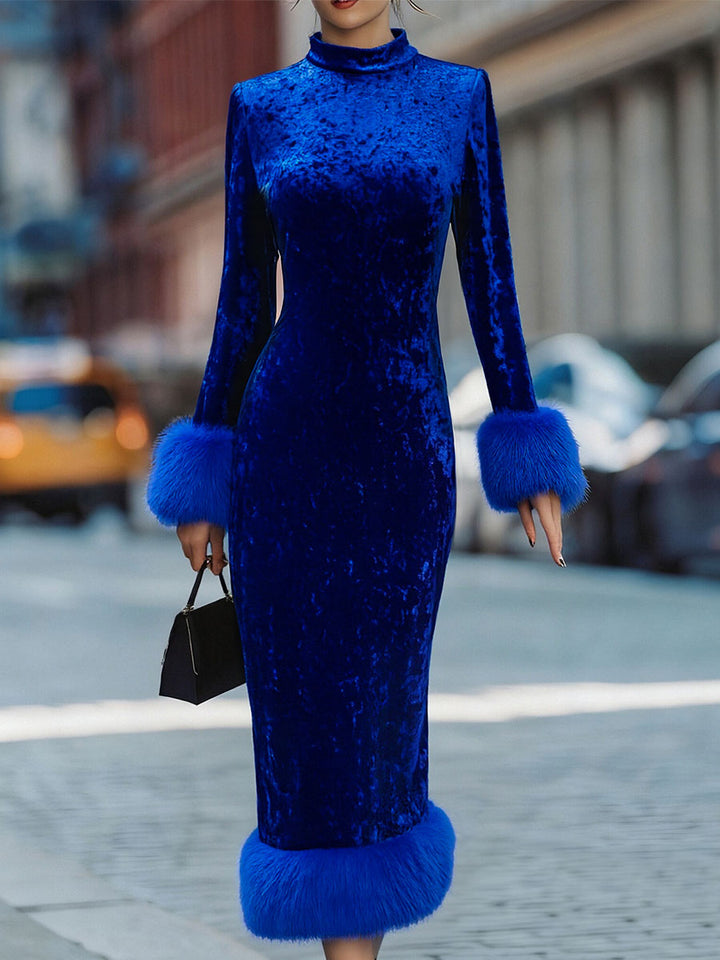 Olivia Bennet | Glamorous Royal Blue Velvet Dress With Feather Trims
