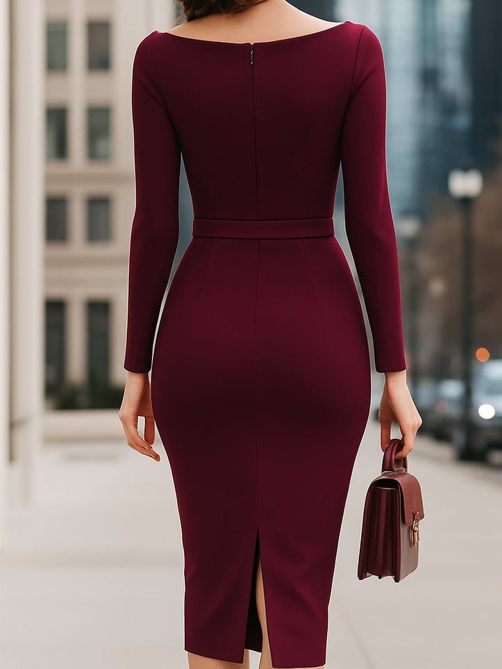 Olivia Bennet | Elegant Wine Red Belted Pencil Midi Dress