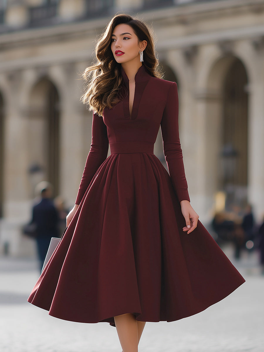 Olivia Bennet | Burgundy V-Neck Full-Skirt Midi Dress
