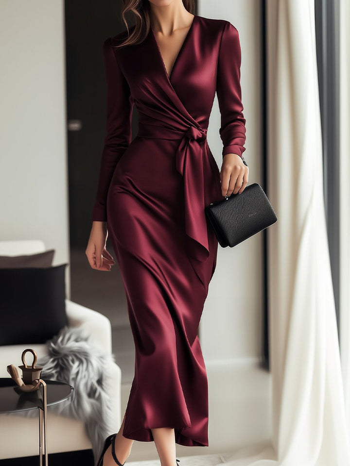Olivia Bennet | Burgundy Wrap Waist-Tie Satin Dress