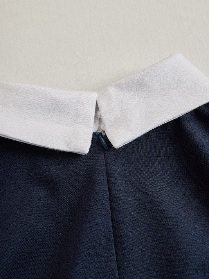 Olivia Bennet | Navy & White Contrast-Panel Button-Up Midi Dress