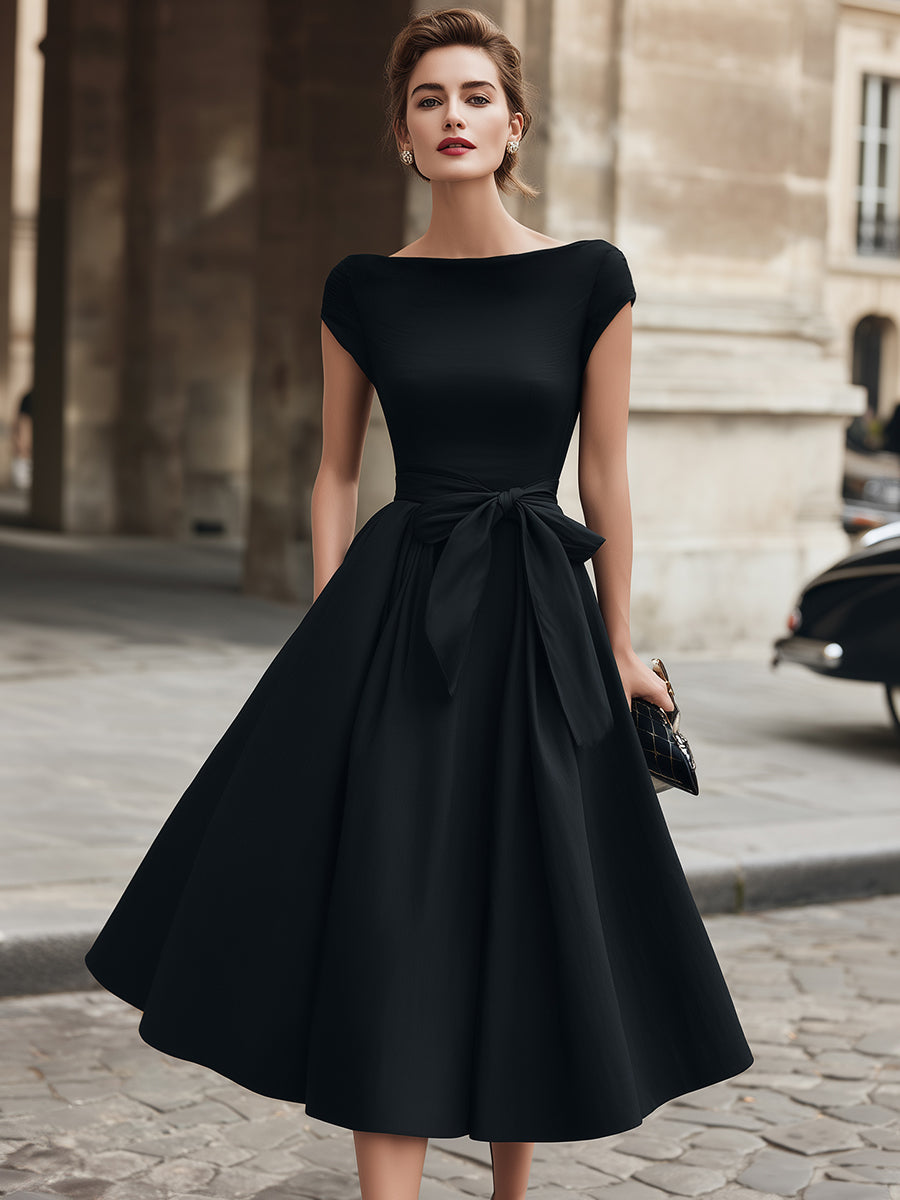 Olivia Bennet | Cap-Sleeve Bow-Waist Midi Dress
