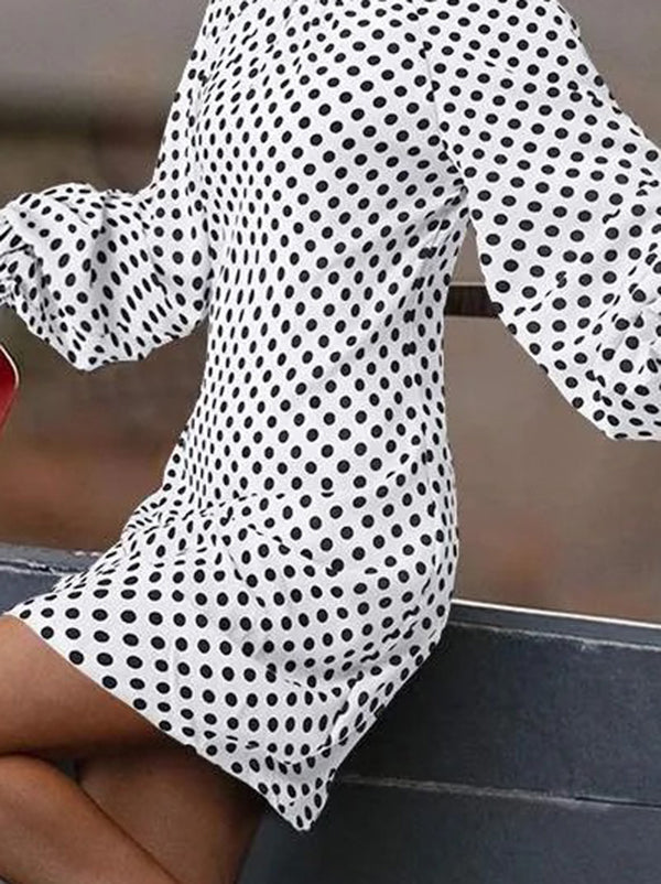 Olivia Bennet | Loose Puff Sleeves Pleated Polka-Dot Split-Joint High Neck Mini Dresses Shirt Dress