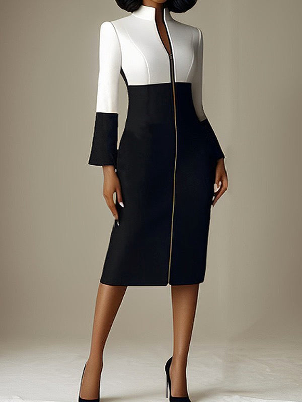 Olivia Bennet | Long Sleeves Contrast Color Split-Joint Zipper Stand Collar Midi Dresses