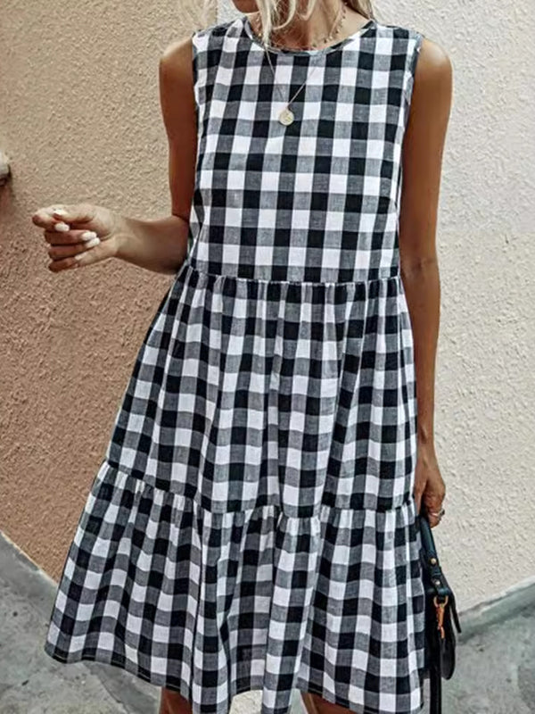 Olivia Bennet | Loose Sleeveless Hollow Plaid Pleated Split-Joint Round-Neck Mini Dresses