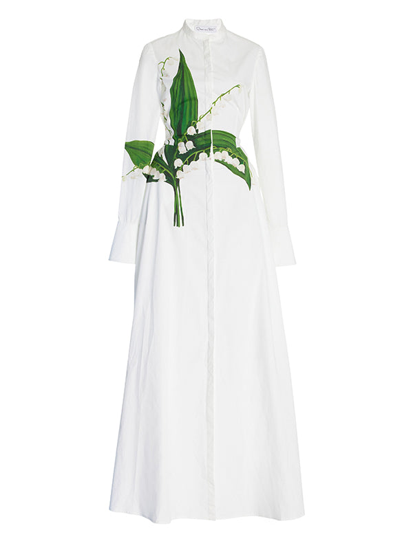 Olivia Bennet | A-Line Long Sleeves Buttoned Flower Print Round-Neck Maxi Dresses