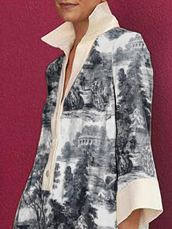 Olivia Bennet | Long Sleeves Loose Printed Lapel Mini Dresses Shirt Dress