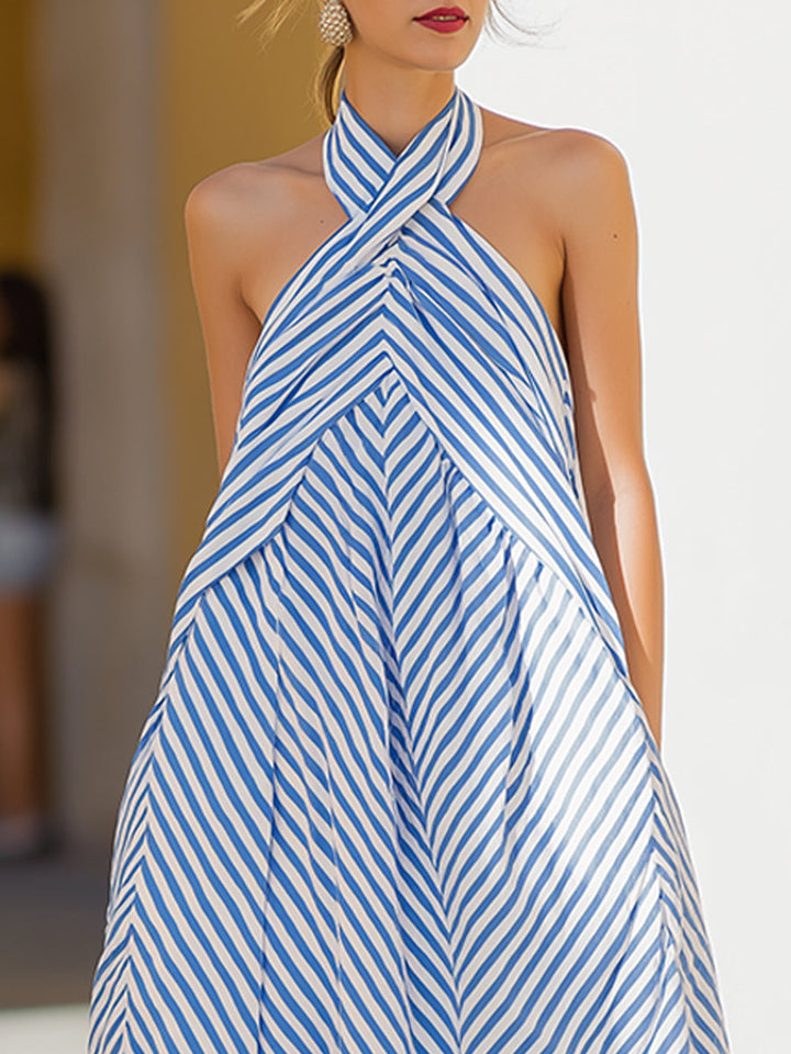Olivia Bennet | Nautical Stripe Halter Neck Maxi Dress