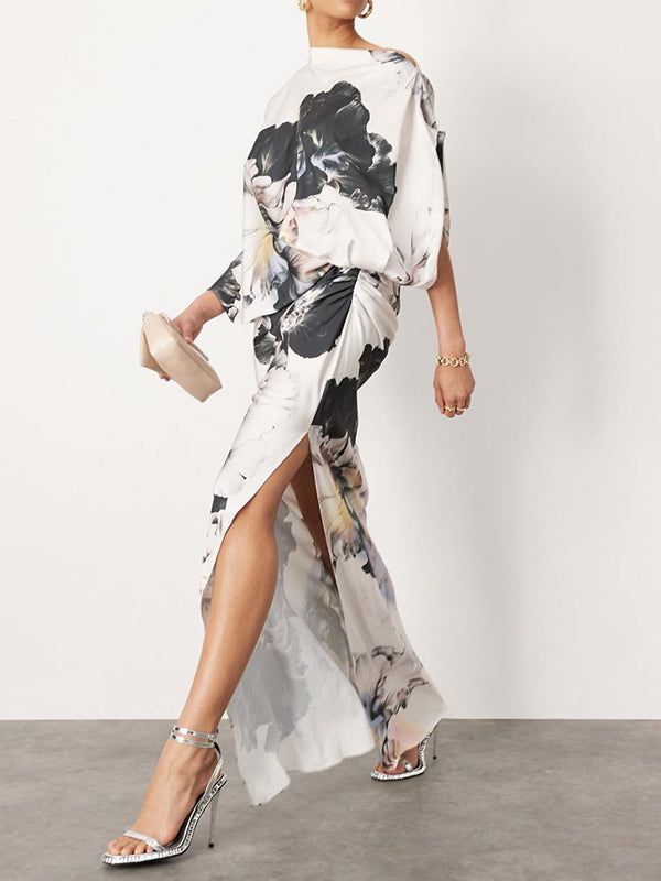 Olivia Bennet | Batwing Sleeves Loose Asymmetric Floral Printed Split-Joint Split-Side One-Shoulder Evening Dresses Maxi Dresses