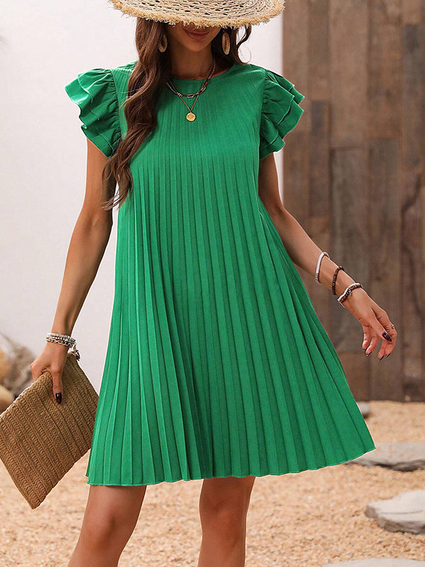 Olivia Bennet | A-Line Loose Hollow Pleated Solid Color Split-Joint Round-Neck Mini Dresses