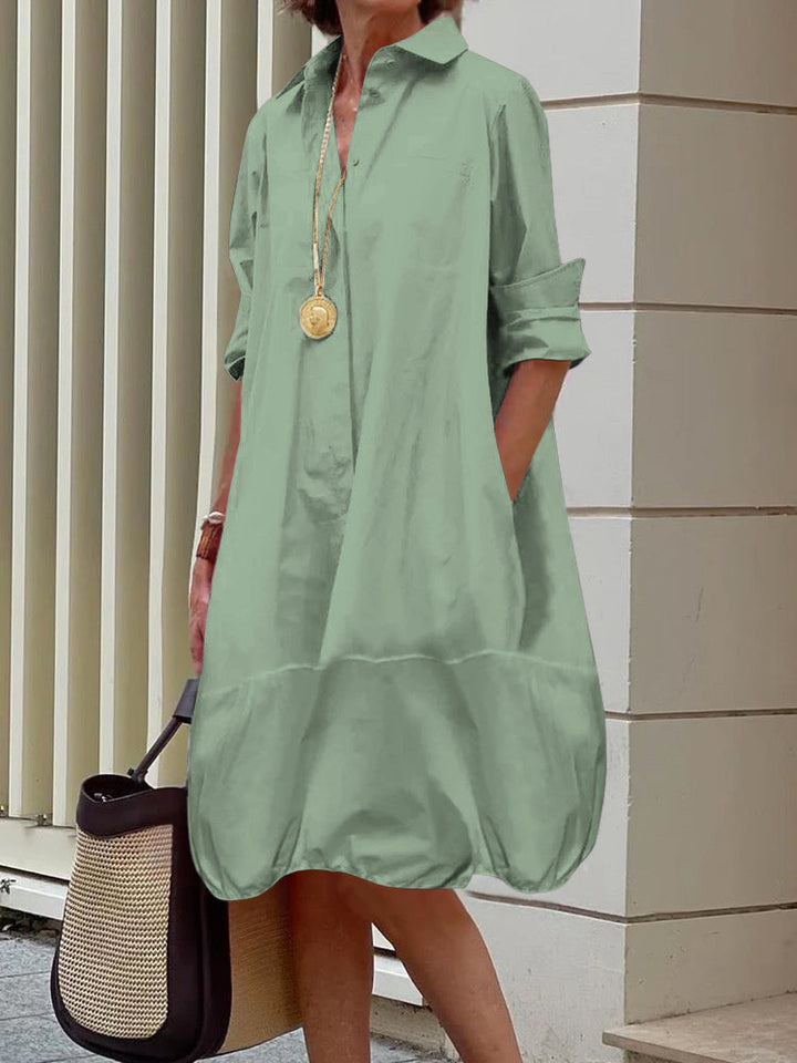 Olivia Bennet | Long Sleeves Loose Solid Color Lapel Collar Midi Dresses Shirt Dress