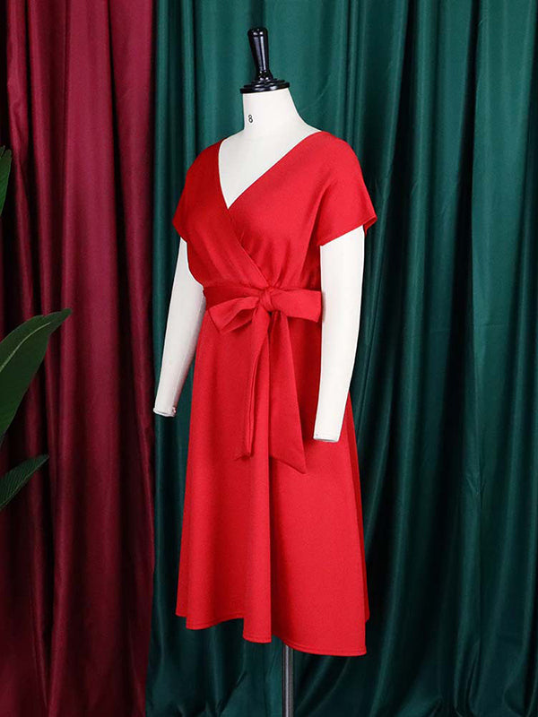 Olivia Bennet | Bowknot Lace-Up Solid Color V-Neck Midi Dresses