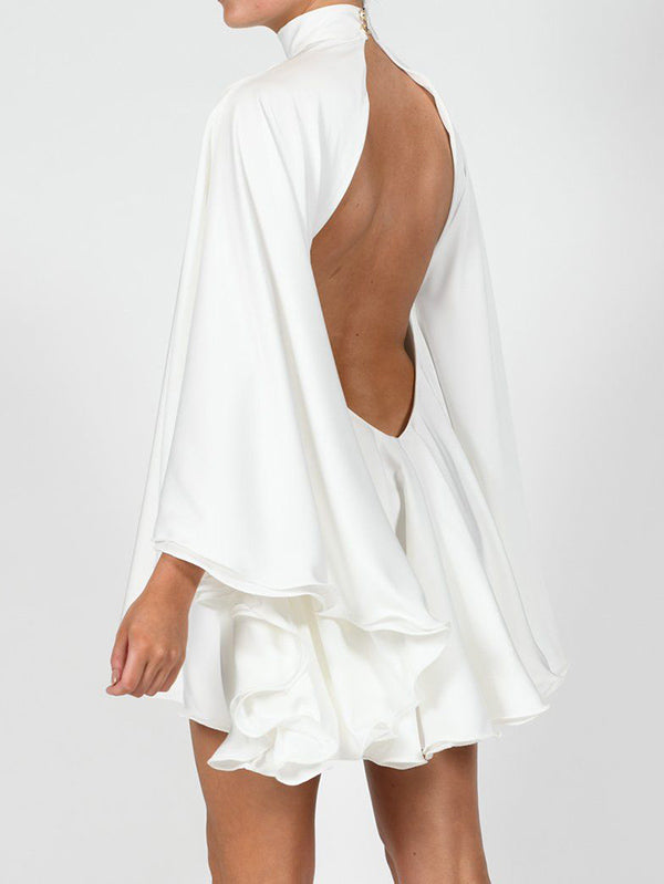 Olivia Bennet | Solid Color High-Neck Backless Flared Sleeves Mini Dress
