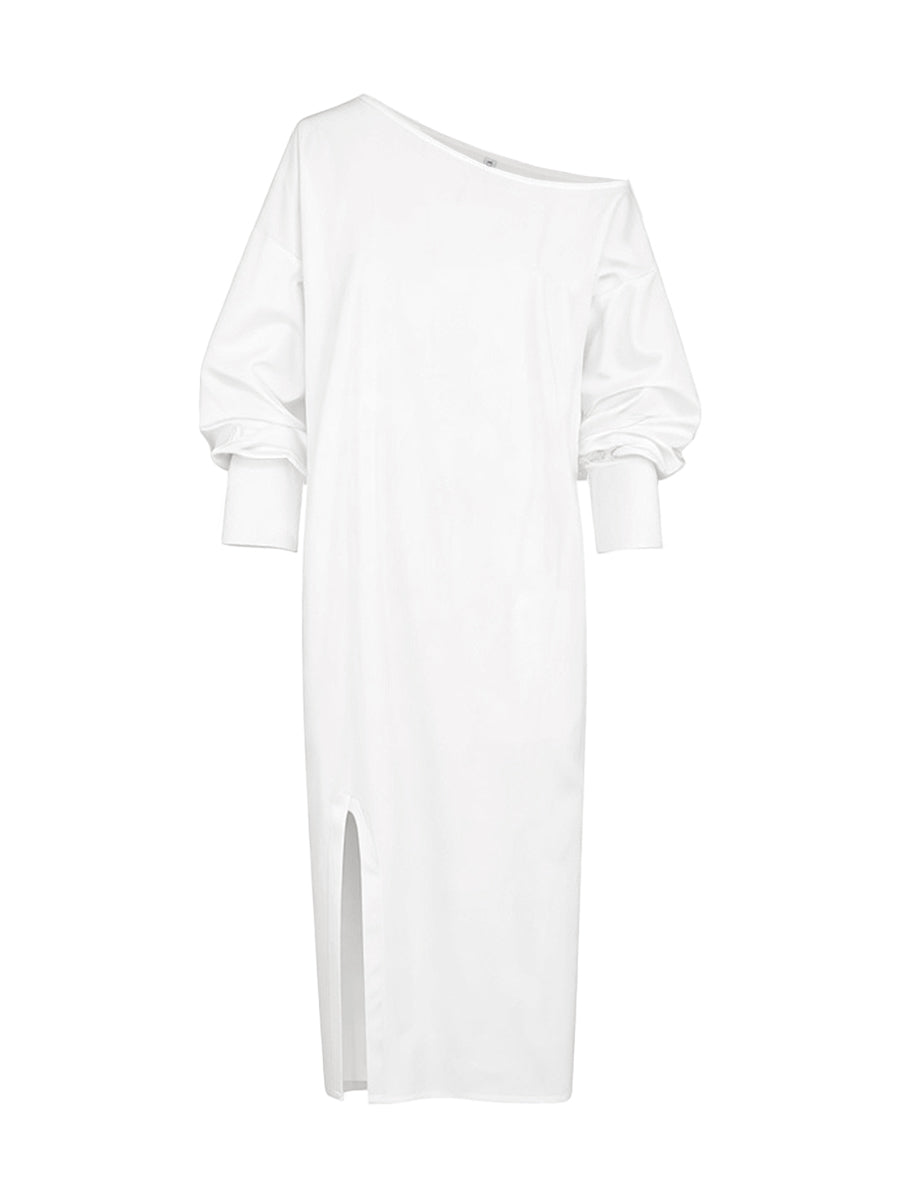 Olivia Bennet | Long Sleeves Loose Solid Color Split-Side One-Shoulder Midi Dresses
