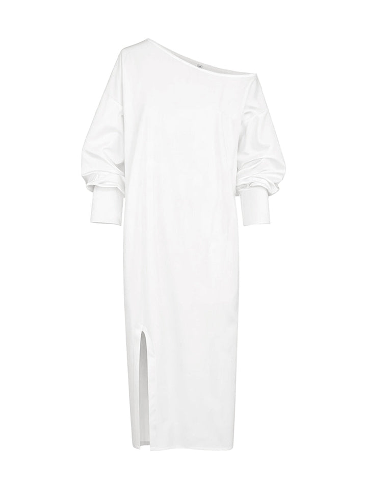 Olivia Bennet | Long Sleeves Loose Solid Color Split-Side One-Shoulder Midi Dresses