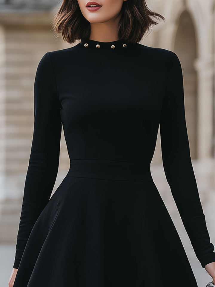 Olivia Bennet | Black Studded Neckline Satin Dress