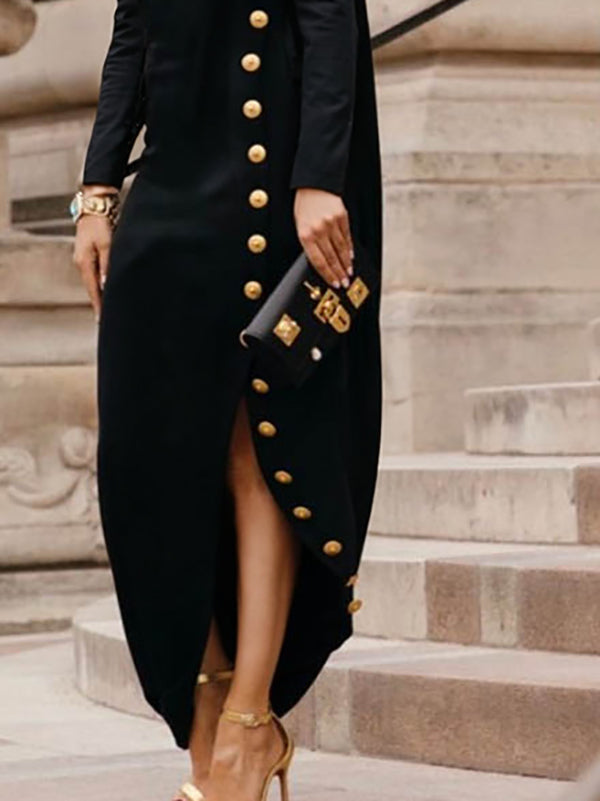 Olivia Bennet | Long Sleeves Loose Asymmetric Buttoned Split-Joint Split-Side Mock Neck Maxi Dresses