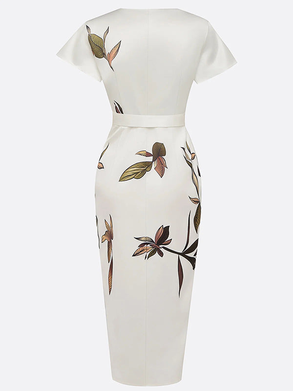 Olivia Bennet | Raglan Sleeve Asymmetric Pleated Printed Split-Joint V-Neck Midi Dresses
