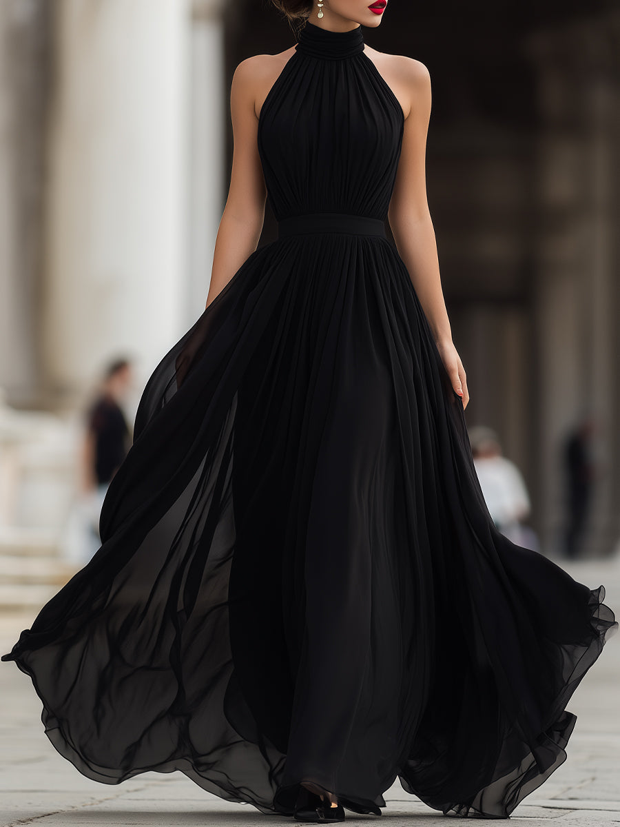 Olivia Bennet | Black Halter Neck Pleated Chiffon Maxi Dress