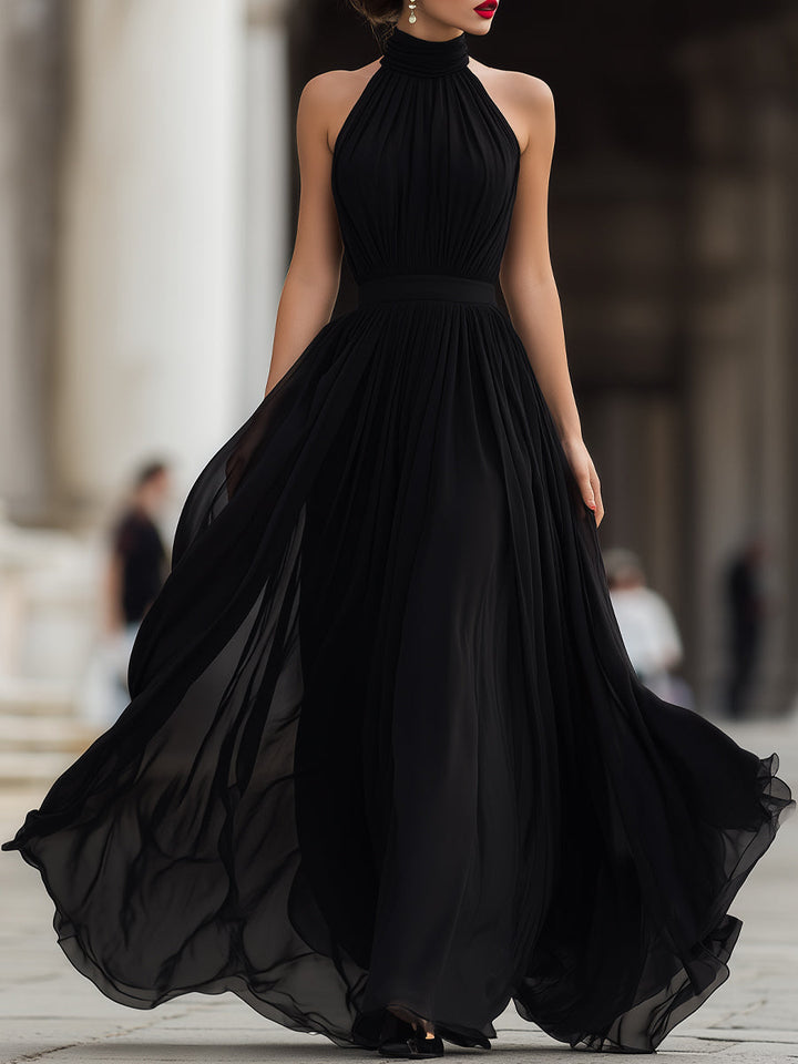Olivia Bennet | Black Halter Neck Pleated Chiffon Maxi Dress
