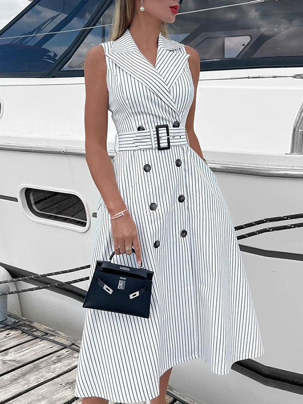 Olivia Bennet | A-Line Sleeveless Split-Joint Striped Tied Waist Lapel Midi Dresses Shirt Dress