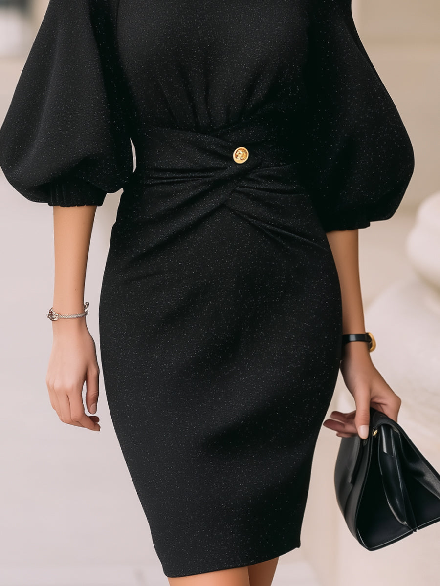 Olivia Bennet | Puff-Sleeve Waist-Twist Knit Midi Dress