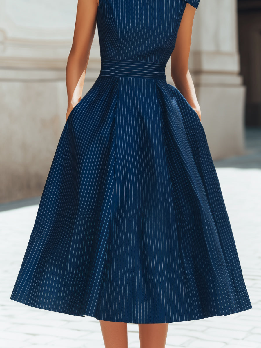 Olivia Bennet | Bow Shoulder Pinstripe A-Line Midi Dress