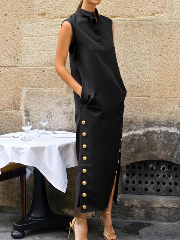 Olivia Bennet | Sleeveless Buttoned Solid Color Split-side Stand Collar Maxi Dresses Shirt Dress