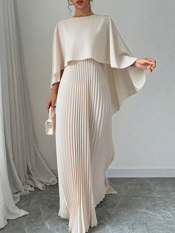 Olivia Bennet | Cape High-Low Pleated Solid Color Split-Joint Round-Neck Evening Dresses Maxi Dresses