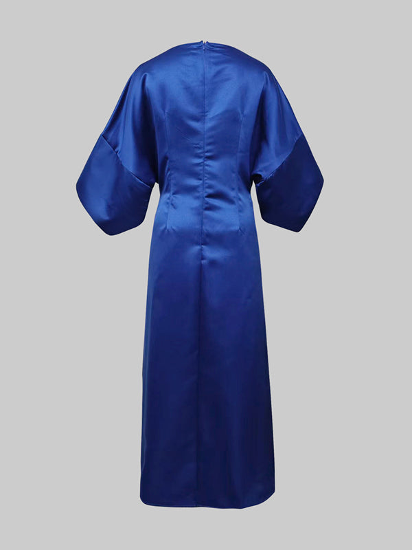 Olivia Bennet | Loose Three-Quarter Sleeves Asymmetric Pleated Split-Joint Round-Neck Maxi Dresses