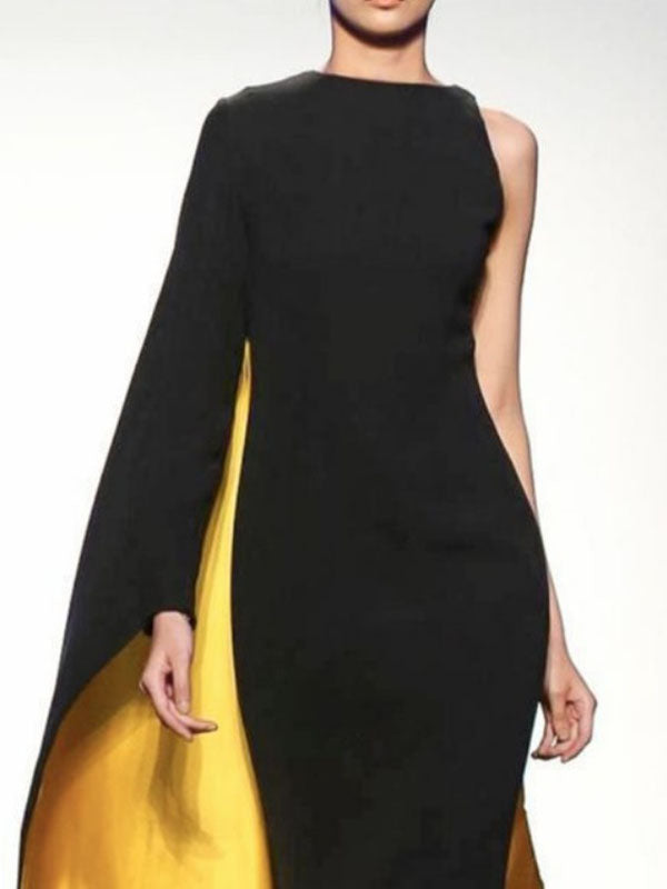 Olivia Bennet | Irregularity Asymmetric Contrast Color Round-Neck Maxi Dresses