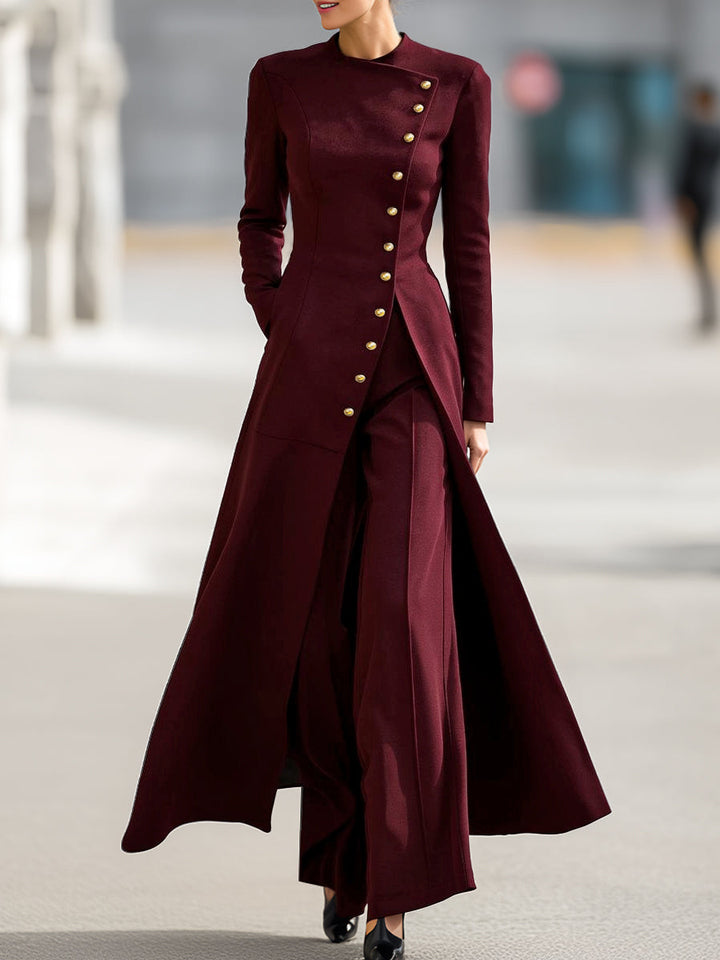 Olivia Bennet | High Waisted Long Sleeves Buttoned Solid Color Split-Front Round-Neck Midi Dresses
