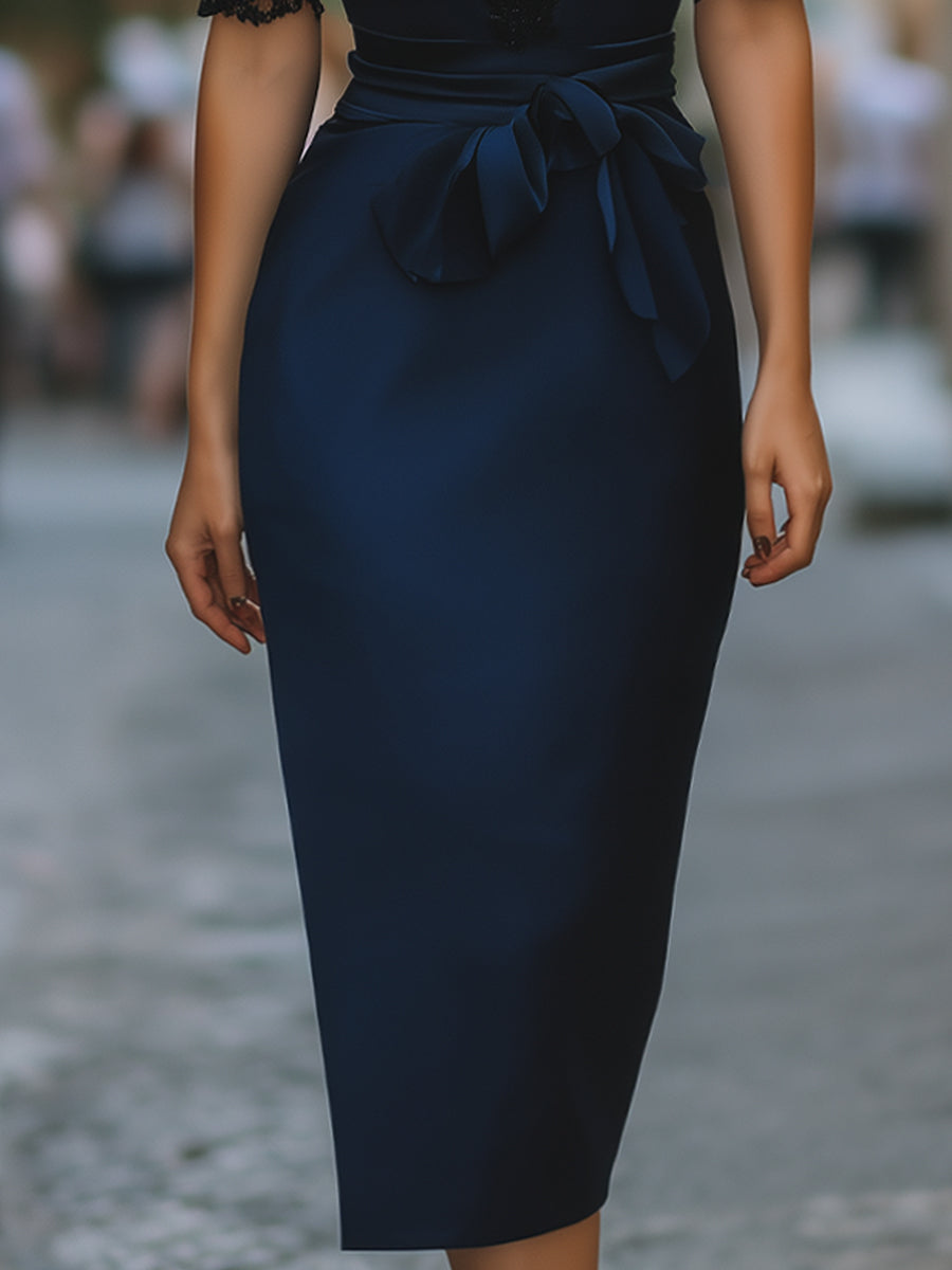 Olivia Bennet | Elegant Lace-Trim V-Neck Belted Midi Dress