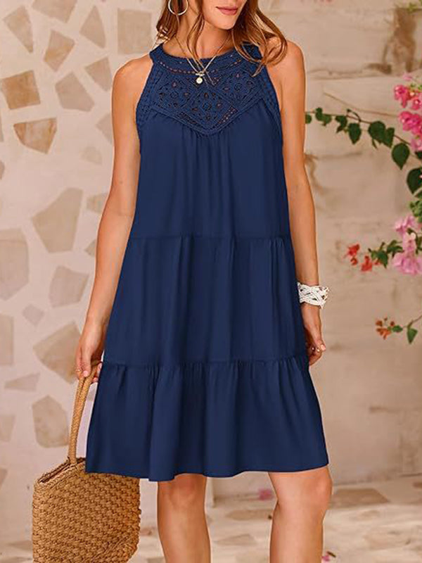 Olivia Bennet | A-Line Loose Hollow Pleated Solid Color Split-Joint Round-Neck Mini Dresses