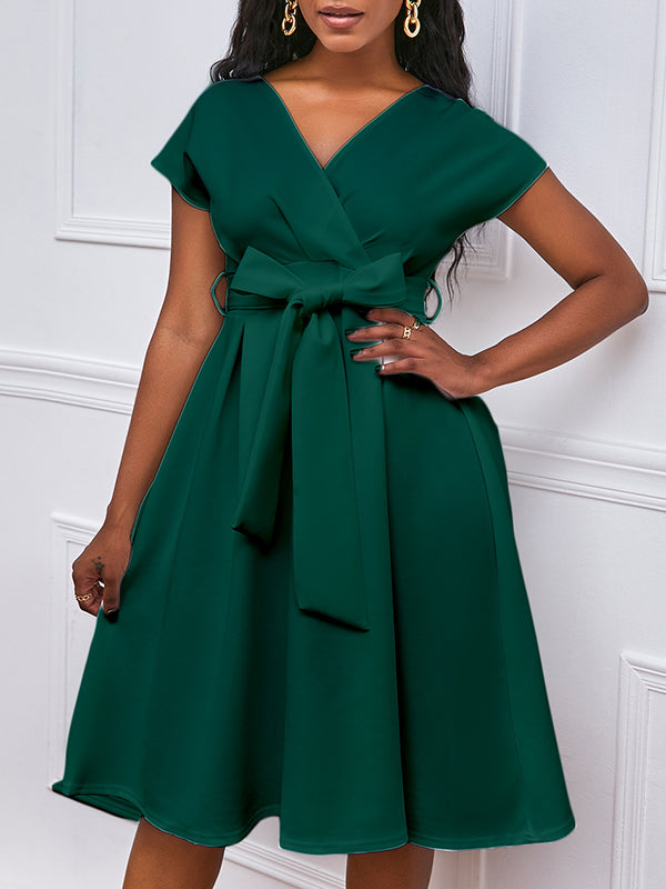 Olivia Bennet | Bowknot Lace-Up Solid Color V-Neck Midi Dresses