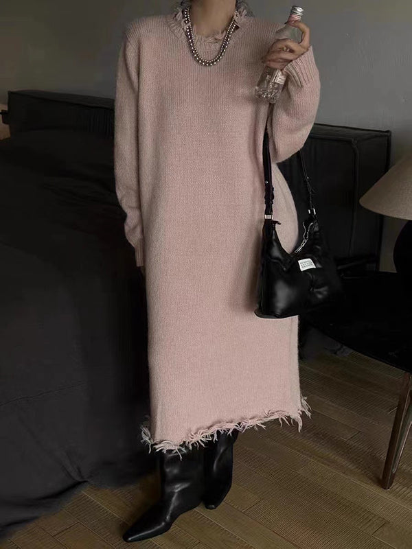 Olivia Bennet | High Waisted Long Sleeves Fringed Solid Color Round-Neck Midi Dresses Sweater Dresses