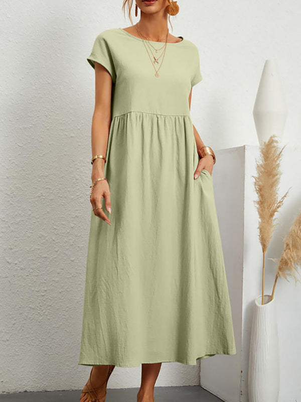 Olivia Bennet | Loose Short Sleeves Pleated Solid Color Round-Neck Midi Dresses