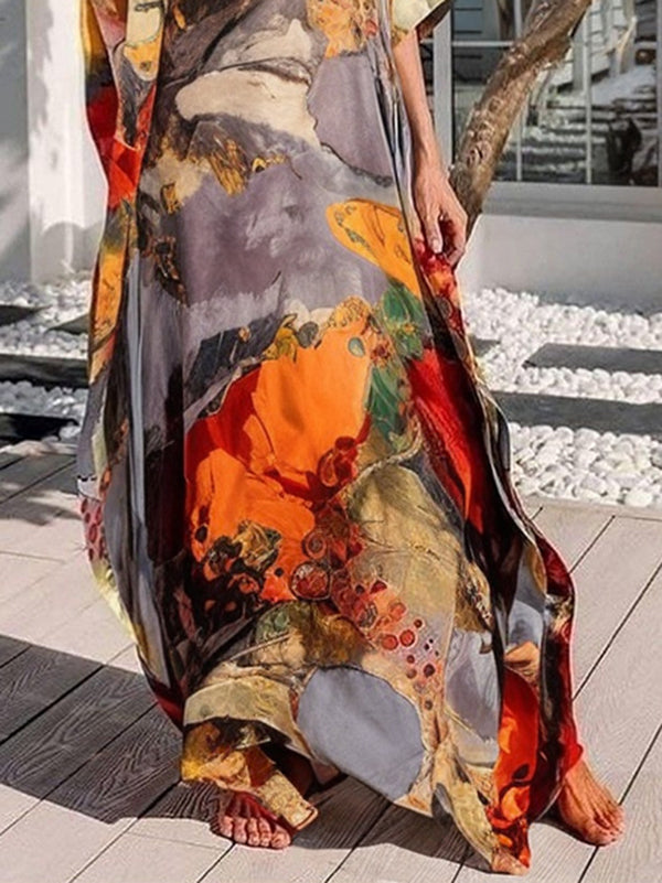 Olivia Bennet | Batwing Sleeves Loose Gauze Printed Split-Joint V-Neck Maxi Dresses