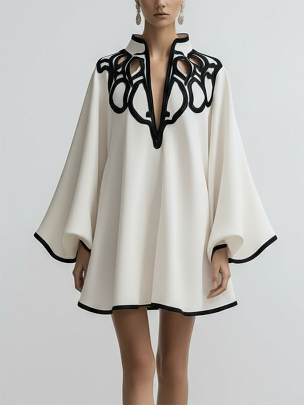 Olivia Bennet | Flared Sleeves Loose Contrast Color Hollow Stand Collar Mini Dresses
