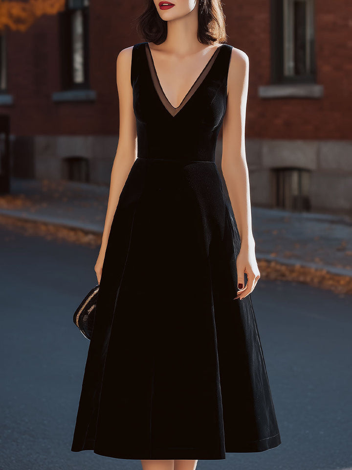Olivia Bennet | Black V-Neck Fit-and-Flare Velvet & Mesh Midi Dress
