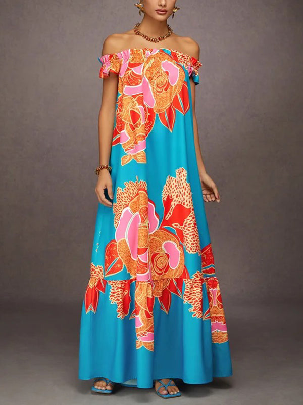 Olivia Bennet | A-Line Loose Elasticity Flower Print Pleated Split-Joint Off-The-Shoulder Maxi Dresses