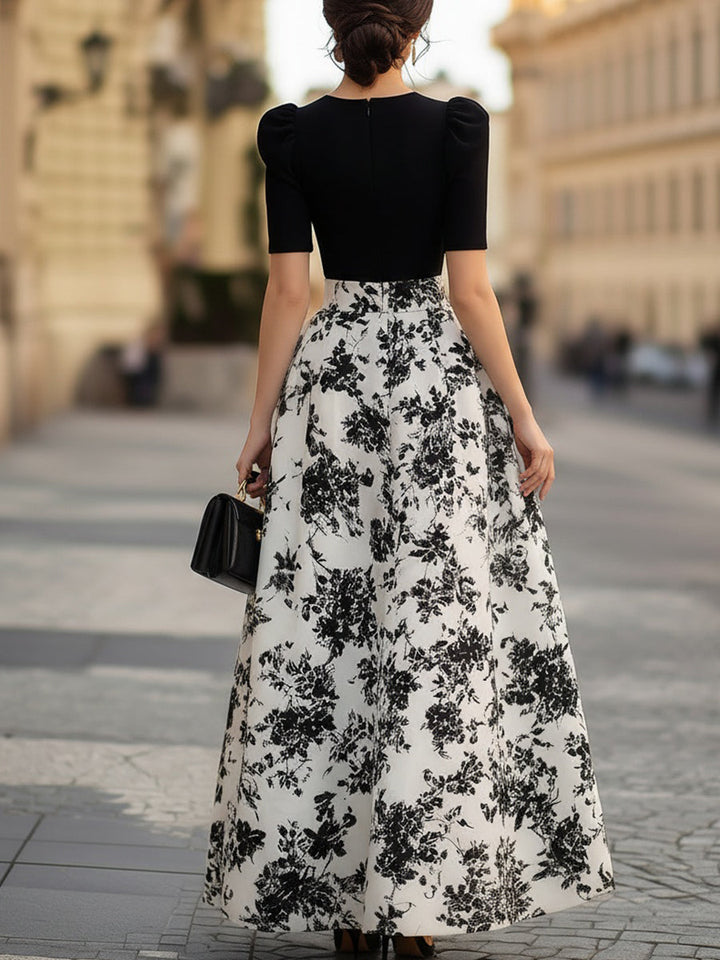 Olivia Bennet | Black Puff Sleeve Bodice & Black Floral Print Maxi Dress