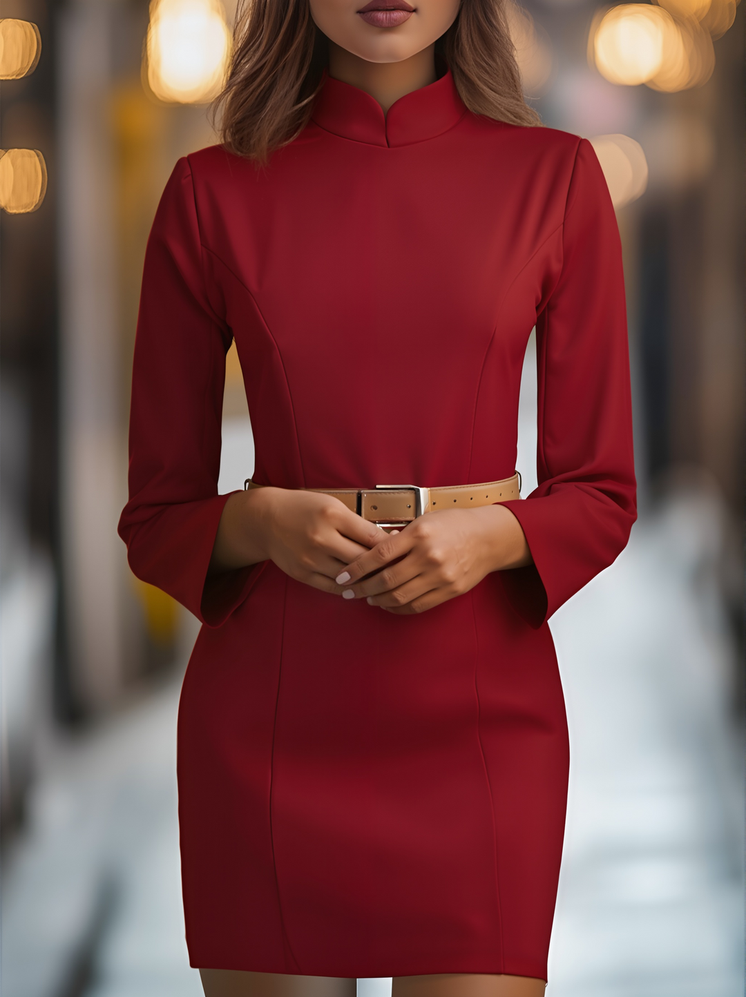 Olivia Bennet | Elegant White Mandarin Collar Dress with Belt Design