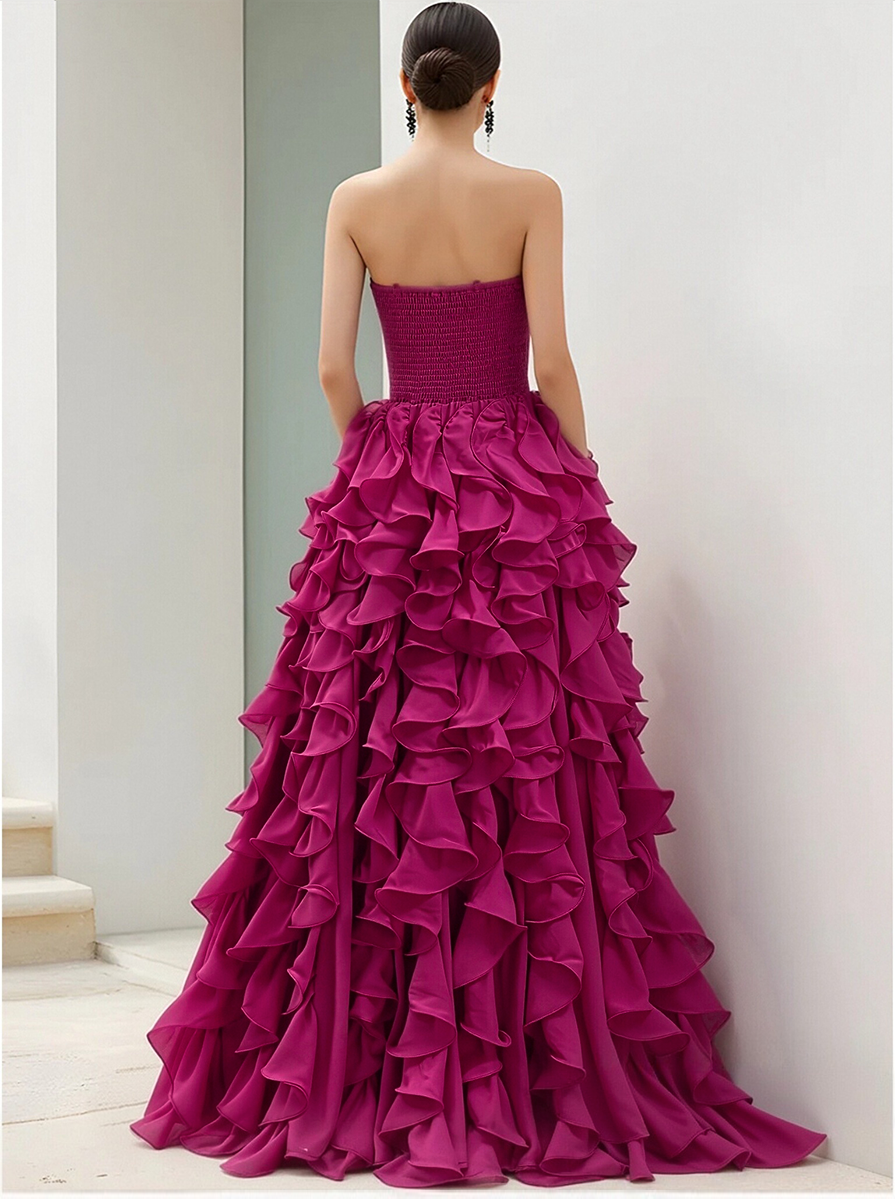 Olivia Bennet | Strapless Magenta Ruffled Ball Gown