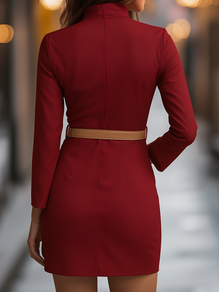 Olivia Bennet | Elegant White Mandarin Collar Dress with Belt Design