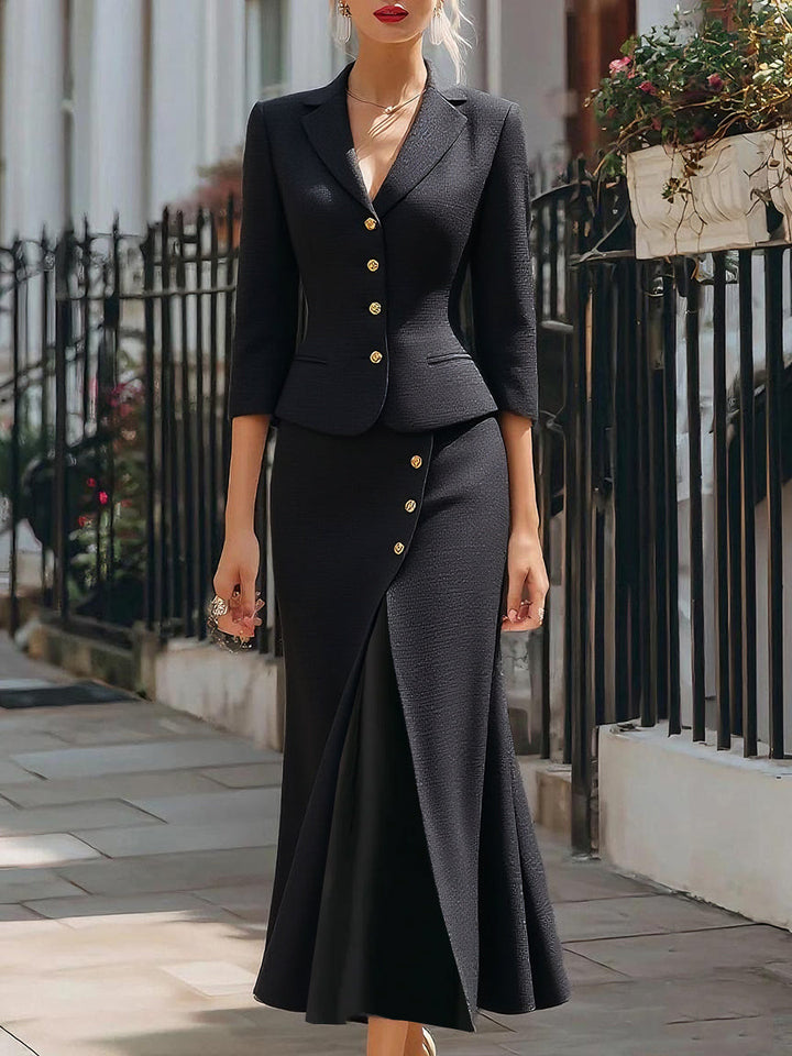 Olivia Bennet | Elegant Textured Buttoned Blazer & Midi Skirt Set