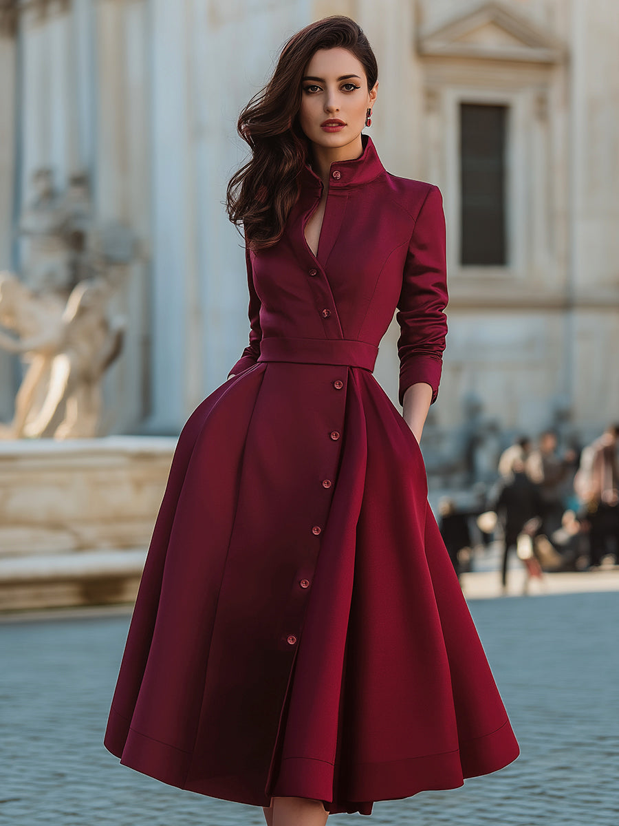 Olivia Bennet | Elegant Band Collar Button-Down Midi Dress With Belt