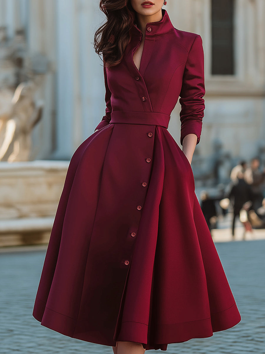 Olivia Bennet | Elegant Band Collar Button-Down Midi Dress With Belt