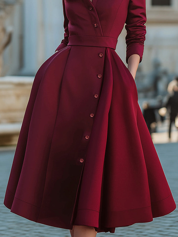 Olivia Bennet | Elegant Band Collar Button-Down Midi Dress With Belt
